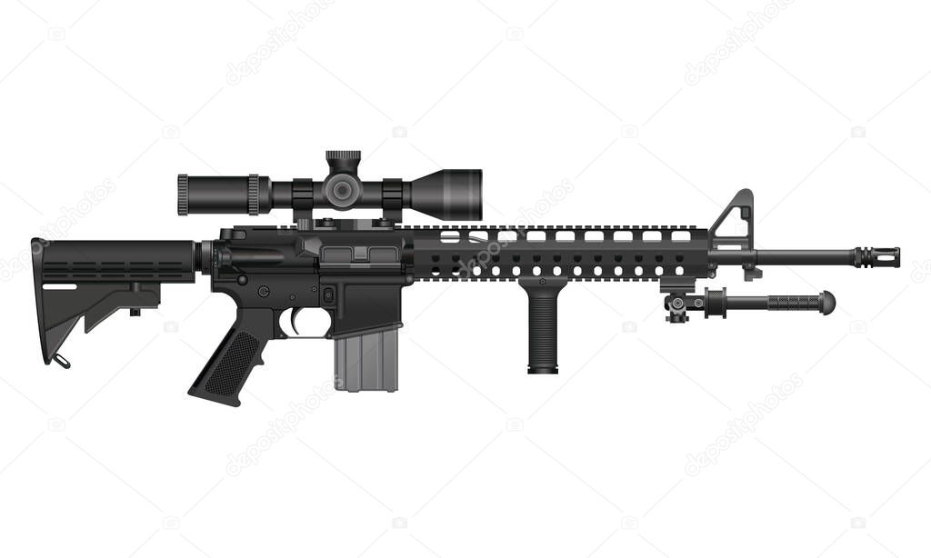 Modified AR-15 rifle with optical sight and bipod