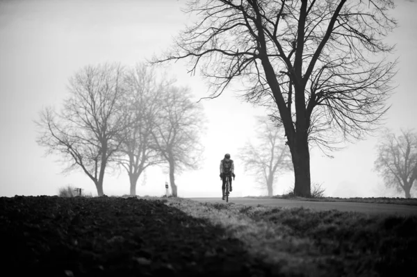 Foto en blanco y negro de una moto de grava hombre. Ciclista en el camino vacío y los árboles en la niebla . —  Fotos de Stock