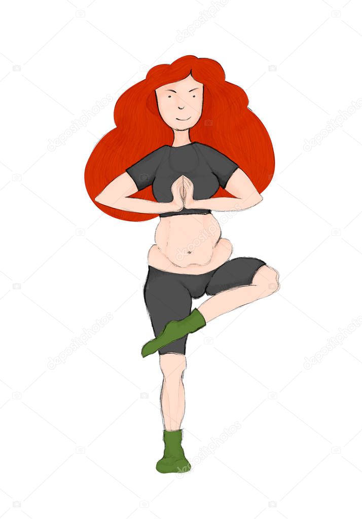 Young Redhead Woman Practising Yoga. Vrikshasana alias Tree Pose. Exercise after childbirth.