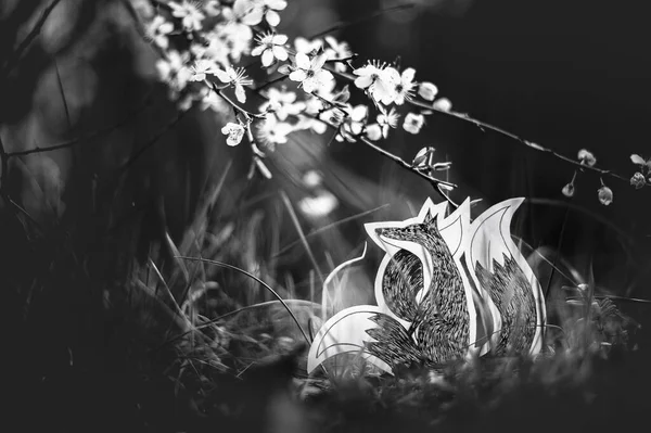 Kitsune Three Tails Blooming Cherry Branch Paper Fox Sitting Grass — Stock Photo, Image