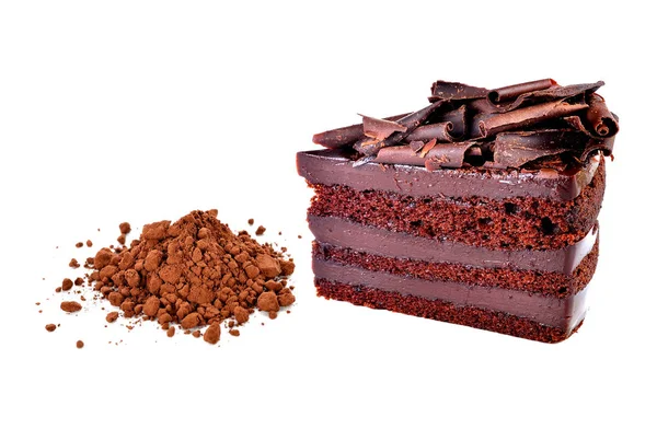 Chocolate cake and cocoa powder on white background. — Stock Photo, Image