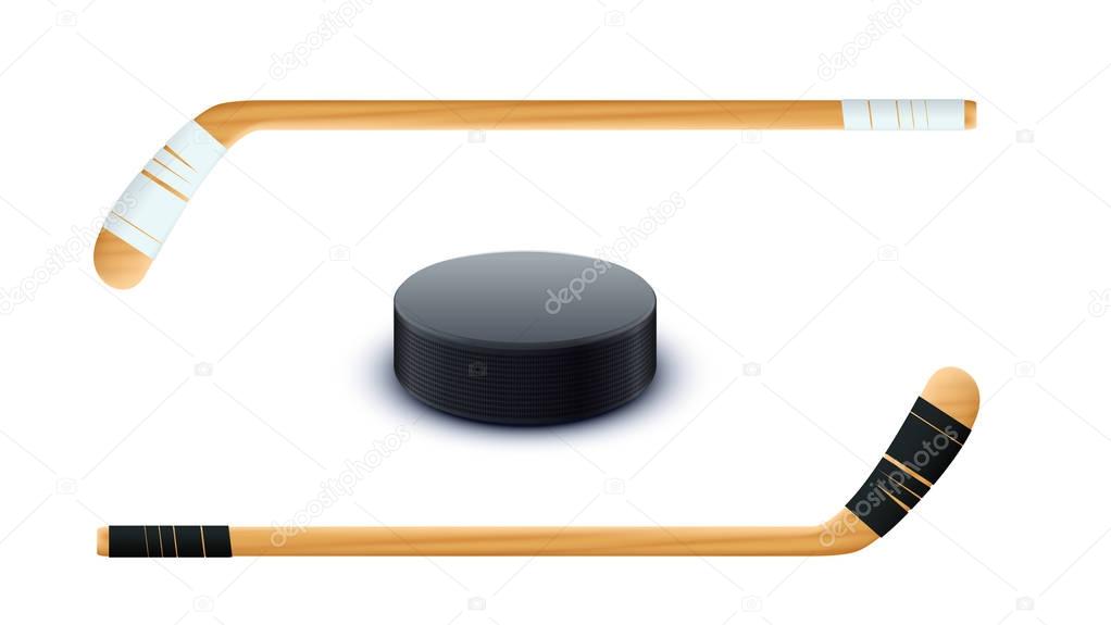 Illustration of black color puck and couple wooden sticks isolated on white background