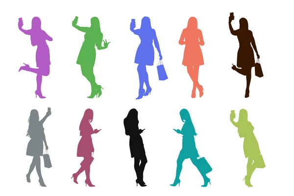 Silhuetas coloridas de mulhercom telefone no jogo — Vetor de Stock