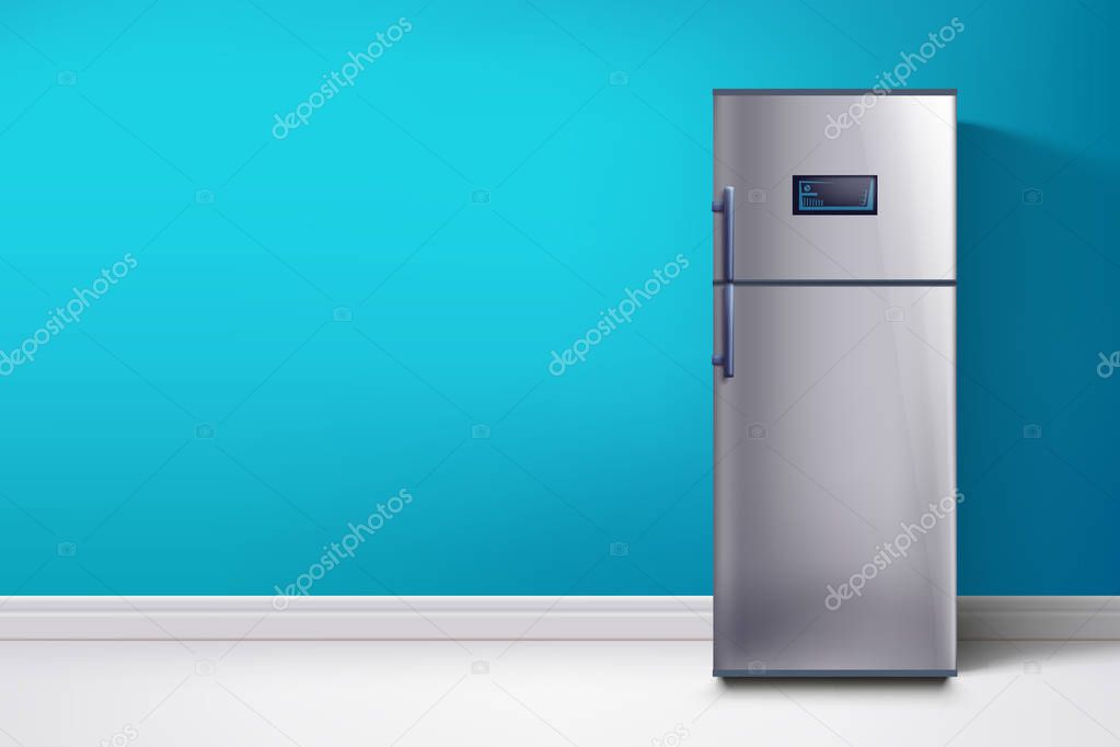fridge at blue wall