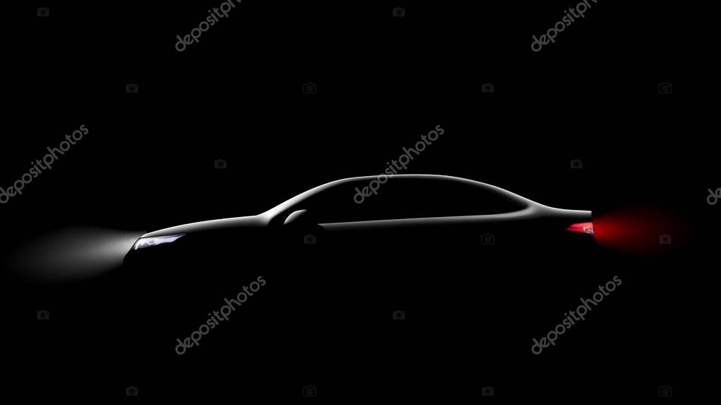 Illustration of car silhouette on black background with light shape