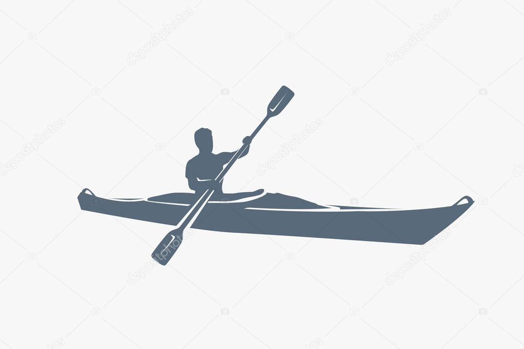 Illustration of man in kayak with paddle silhouette isolated on white background
