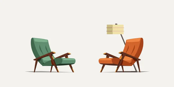 Twee oude moderne fauteuils met lamp — Stockvector