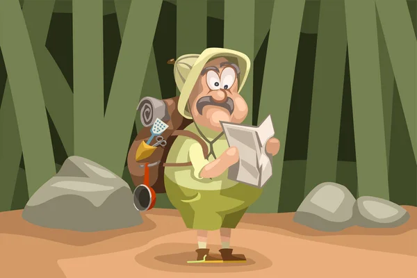 Dibujos animados explorador retro en la selva — Vector de stock
