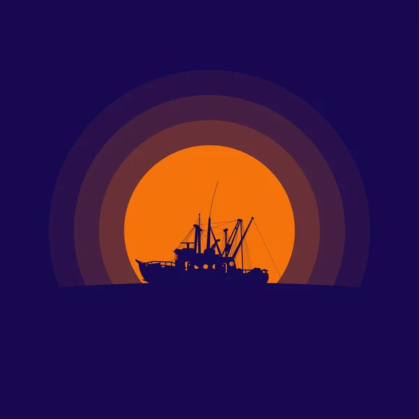 Gün batımında balıkçı teknesi silueti — Stok Vektör