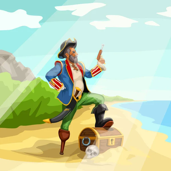 Пират с сокровищами на пляже — стоковый вектор