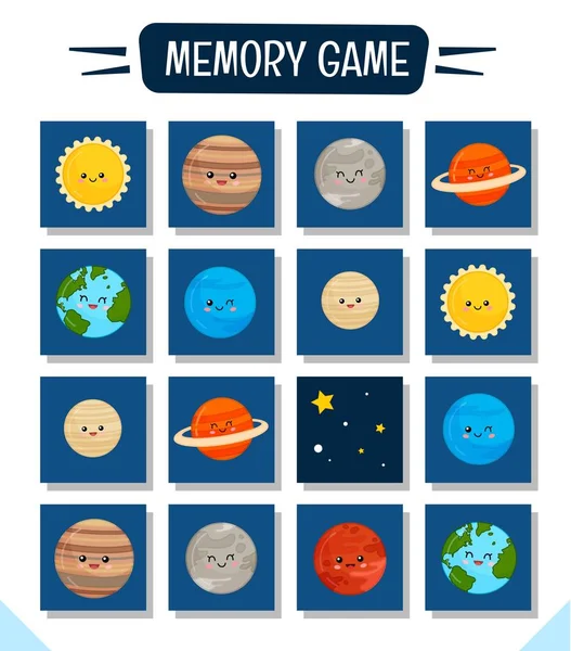 Memory game for preschool children, vector cards with cute planets. Find two identical picture. Kids activity page for book.