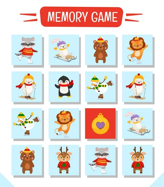 Memory game for preschool children, vector cards with cute christmas character. Find two identical picture. Kids activity page for book.