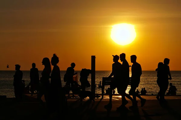 Silhouette des personnes et de la plage au coucher du soleil Images De Stock Libres De Droits