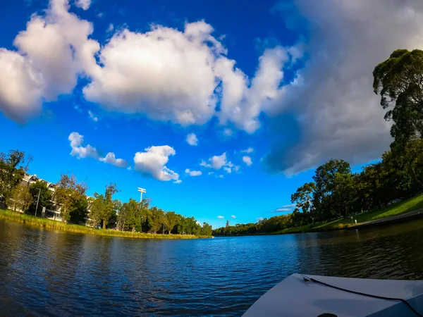 晴れた日は曇り空の下での川の魚の目の景色と川岸の木 — ストック写真