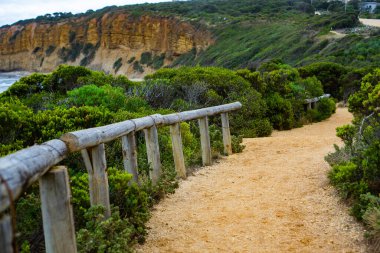 Ahşap çit ve kumlu patika yolu. Sarı uçurum ve yeşil yabani bitkiler arka planda yavaşça bulanıklaşıyor.