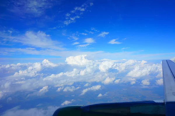 Lush White Cumulus Clouds Swim Blue Sky View Porthole Airplane — Stock Photo, Image