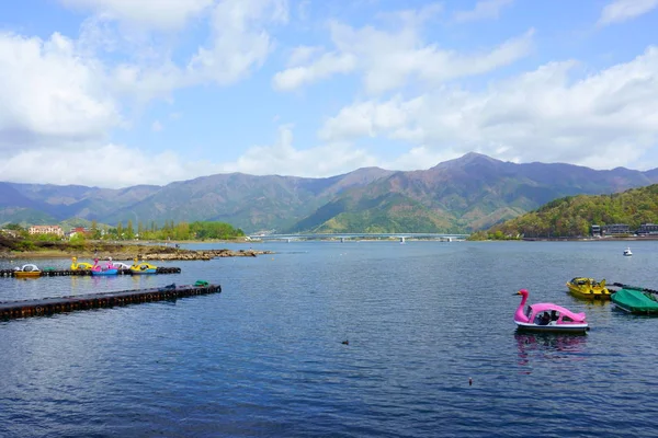 Blue sky and blue lake. Swan boat rental. Landscape beautiful Lake Kawaguchiko