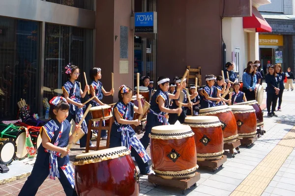 Ashikaga Tochigi Japan April 2019 Taiko Trummisar Street Prestanda Och Stockfoto