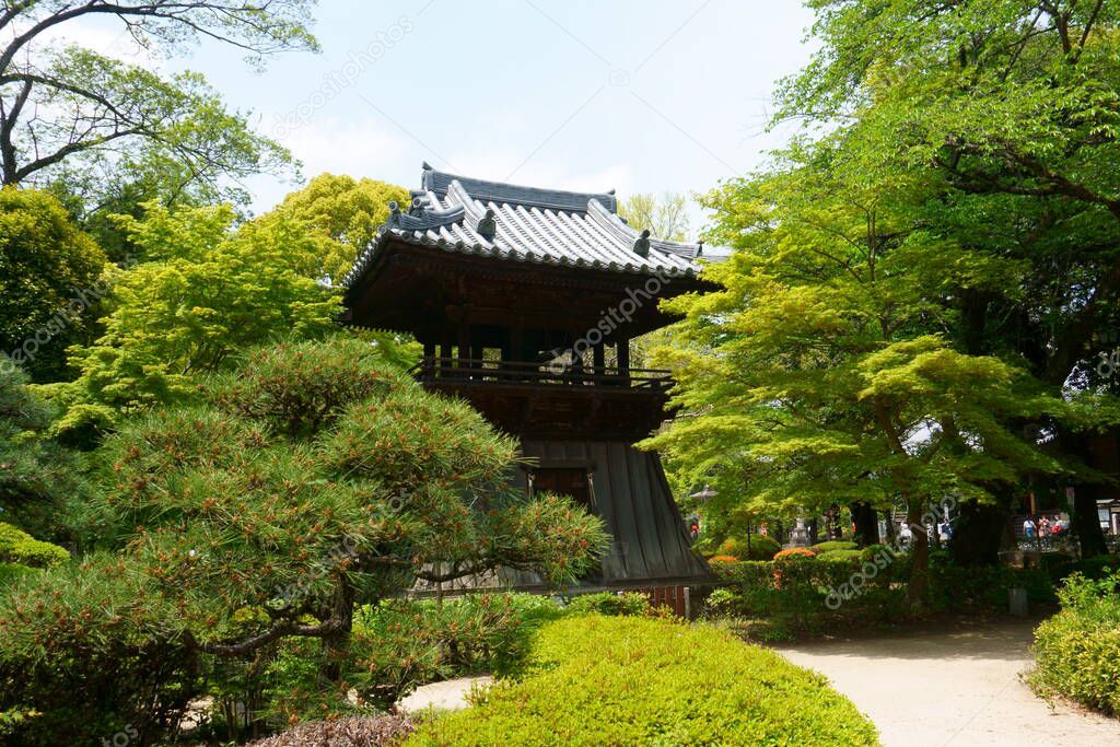 Ashikaga, Tochigi / Japan April 29, 2019: Shoro bell tower. Walk in japanese garden. Bannaji Temple is the most famous Buddhist temple in Ashikaga City