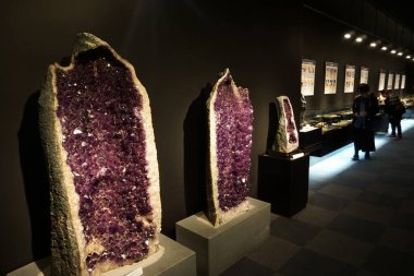 Fujikawaguchiko / Japonya 30 Nisan 2019: Yamanashi Mücevher Müzesi. Kristal kümeler, ametist kubbeler. Nadir mineraller, büyük kristaller.