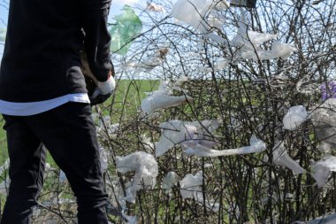 Çevre kirliliği. Ağaçlardaki çöpler. Doğaya karşı kötü tavır. Çöp. Ekoloji konsepti. Paern doğadaki çöpleri temizler..