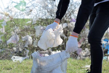 Çevre kirliliği. Ağaçlardaki çöpler. Doğaya karşı kötü tavır. Çöp. Ekoloji konsepti. Paern doğadaki çöpleri temizler..