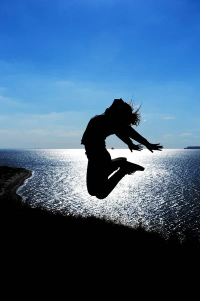 Nature Beautiful View Silhouette Jumping Girl — Stock Photo, Image