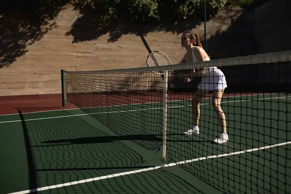 Side View Young Caucasian Woman Playing Tennis Sunny Day Holding — Stock Photo, Image