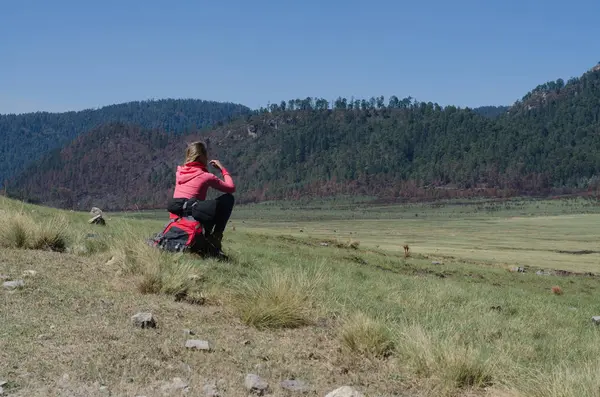 Rear View Female Hiker Sitting Rock Field Clear Sky — Stock Photo, Image