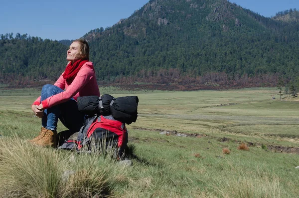 Volle Länge Einer Wanderin Die Aufschaut Während Sie Auf Einem — Stockfoto