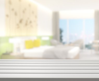 Masa üstü ve bulanıklık arka planda yatak odası