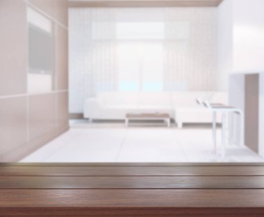 Masa üstü ve arka planın bulanık oturma odası