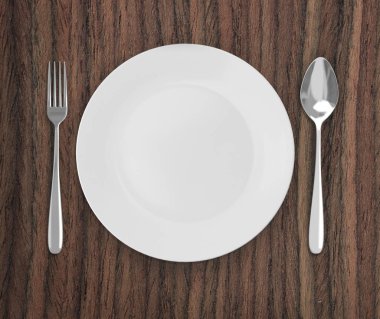 Üstten Görünüm boş tabak üzerinde tablo arka planı