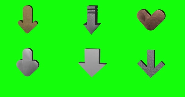 緑の画面のアニメーション3Dを指す6つの異なる金属の矢印 — ストック動画