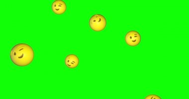 Emoji 'nin göz kırpan simgesi kapalı ve tek kaşlı düşmekte olan yeşil ekran animasyonu 3D onay, takdir ve anlayışın sembolü.