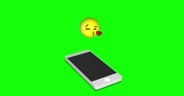絵文字の吹き出しキス心の顔携帯電話緑の画面のアニメーション3D — ストック動画