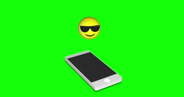 絵文字顔ダークサングラスクールな冷たい屈託のない暗い携帯電話緑の画面クロマキーアニメーション3D — ストック動画