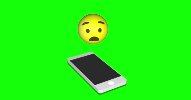 悲しい顔の携帯電話の緑の画面クロマキーアニメーション3Dを心配絵文字 — ストック動画