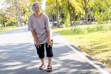 Asian senior woman is extremely tired while walking at park, body is weak feeling tired easily due to lack of energy and dont exercise very often, exhausted elderly people have the symptoms fatigue