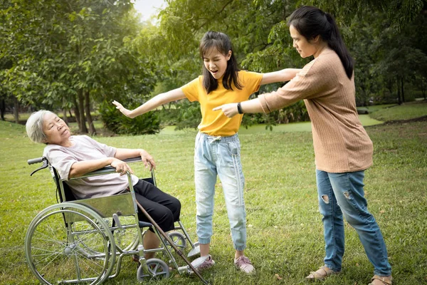 Unhappy asian teen granddaughter set apart,dissuade her family,angry senior mother and aggressive daughter arguing violently,shouting quarreling at park,ungrateful,family relations, family problems — Stock Photo, Image