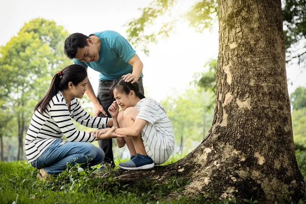 Asian parents give advice,talking sharing thoughts care,support to teenage girl,loving mother and father speak have comforting and consoling her daughter,sad crying,  family life,consultation concept — Stockfoto