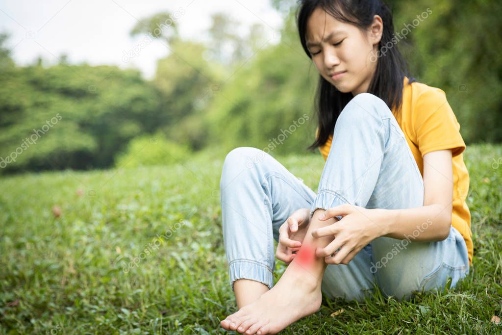 Asian child girl scratching itch on her leg with hand,female teenage with red rash,mosquito bite,fungal infection,insect bites,legs itching allergy,rash while sitting on the grass at park,Anaphylaxi