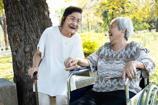 Asian elderly woman with walking stick,enjoy talk to her senior close friend in the wheelchair and laughing together,two old people holding hand and relaxing at park,childhood friends,best friend — 스톡 사진