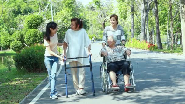 Happy Asian Family Senior Woman Handicapovaná Babička Vozíčkem Chodítkem Dcera — Stock video