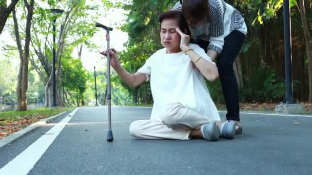 Tired senior woman or mother suffer from sunburn very hot,feeling faint,dizzy,daughter assisting,support her in outdoor at park,female elderly with syncope,unconscious or heat stroke,sun stroke,fatigue — Stock Footage Tired Senior Woman Mother Suffer Sunburn Very Hot Feeling Faint Video Clip