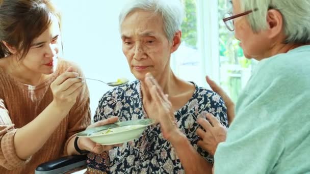 Vrouwelijke Verzorger Dochter Voeden Oudere Vrouw Moeder Rolstoel Moe Eet — Stockvideo