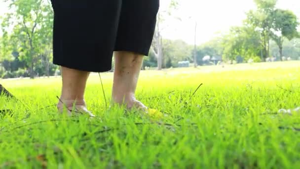 Close Van Blootsvoets Voeten Aziatische Senior Vrouw Lopen Blootsvoets Gras — Stockvideo