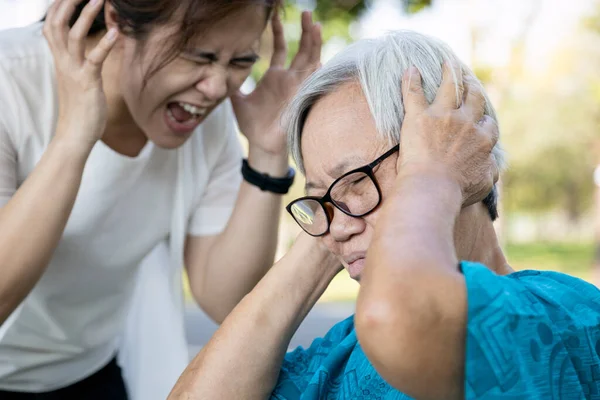 Enojada Hija Asiática Gritando Regañando Madre Mayor Sobre Cosas Quisquillosas — Foto de Stock