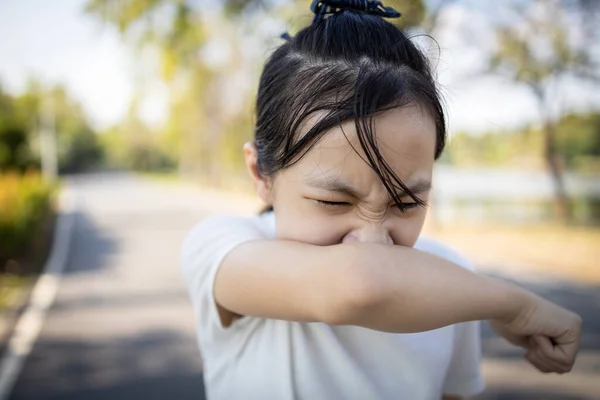 Asian Child Girl Sneezing Coughing Her Arm Elbow Prevent Spread — Stock Photo, Image