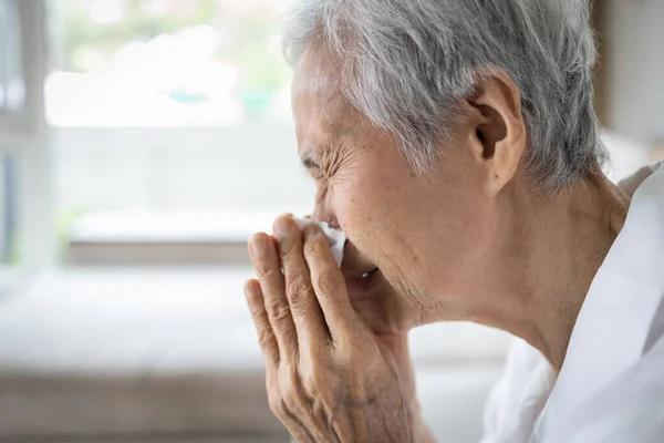 亚裔老年妇女持纸吹鼻 手绢打喷嚏 季节性流感 老年病人患感冒 科维德19型感染症状 大脑皮层病毒大流行 — 图库照片